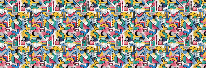 Seamless pattern with geometric shapes in the style. Multicolored vintage background with triangles, circles and squares for textile, fabric and Sudanese fabric art.