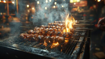 Night market, grilling skewers, smoky flames, busy background, food photography