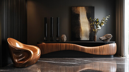 Modern Living Room Design with Wooden Wall Panels and Round Mirror, Style loft interior with leather armchair. AI generated, human enhanced