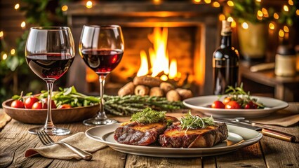 Fototapeta premium Intimate dinner for two with steaks and red wine on a cozy table setting, elegant decor