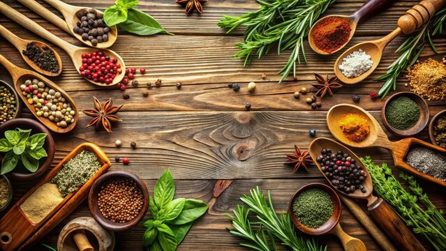 Herbs and spices on rustic wooden table, utensils, botanicals,  utensils, botanicals, culinary, rustic, fragrant, cooking - Powered by Adobe