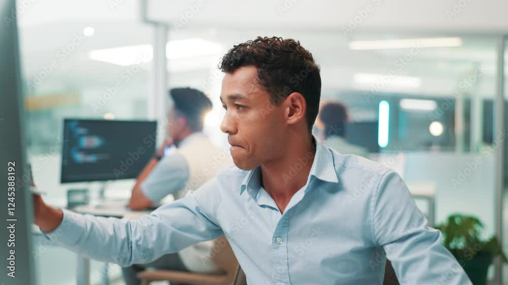Poster Businessman, software developer and writing with computer for programming or web design at office desk. Man, programmer or notes with code for future innovation, UX or AI development at workplace