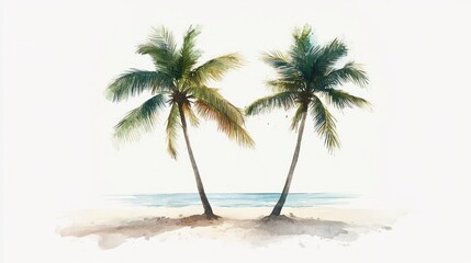 Tropical beach, two palm trees, ocean view, watercolor art, travel poster (1)