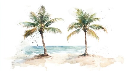Obraz premium Tropical beach watercolor painting; two palm trees, ocean backdrop; travel, vacation, relaxation