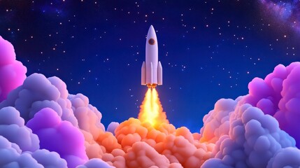Vibrant Rocket Launching Into Space Above Colorful Clouds at Night