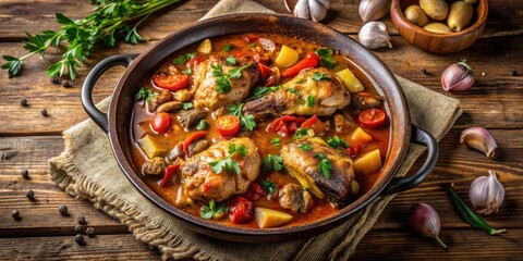 Hearty Basque chicken stew simmered in rich flavors served on a rustic wooden table with earthy tones and natural textures, wood-grain table, countryside cuisine