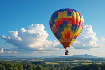 Fototapeta premium Colorful Hot Air Balloon Soaring Over Scenic Landscape with Fluffy Clouds