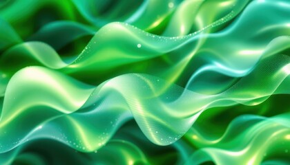 Obraz premium Abstract green waves with light particles flowing in dynamic motion