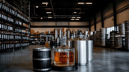 Whiskey distillery warehouse interior, barrels, bottles