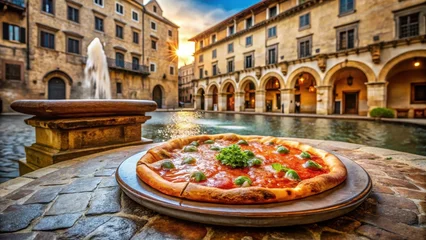 Fotobehang Traditional Neapolitan pizza being served in a historic pizzeria surrounded by ancient stone buildings and ornate fountains , italian food, pizza parlor © udomsak