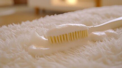 A soft brush old toothbrush being used to gently scrub a microfiber sofa after applying rubbing alcohol.