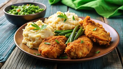 Fototapeta premium Traditional Southern fried chicken with mashed potatoes and green beans