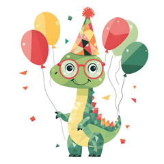 Fototapeta premium Happy dinosaur character wearing glasses and a festive party hat, holding colorful balloons. Ideal for children's clothing, mugs, or cheerful posters for celebrations.