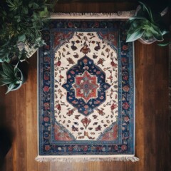Traditional Oriental Rug with Blue Border and Red Medallion on Weathered Wooden Floor with Rustic Decor Elements