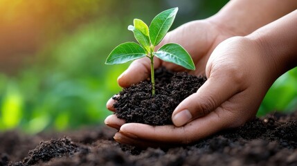 Hands Gently Holding a Vibrant Seedling Representing Sustainable Growth and Environmental Preservation  The image symbolizes new beginnings hope and the importance of nurturing nature for a greener
