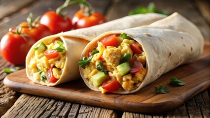Savory breakfast burrito with scrambled eggs wrapped in a flour tortilla , scrambled eggs, food,  scrambled eggs