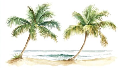 Obraz premium Tropical beach with two palm trees, ocean waves; vacation postcard