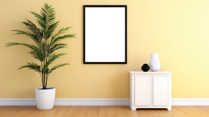 Modern Bright Living Room with Empty Frame and Indoor Plant