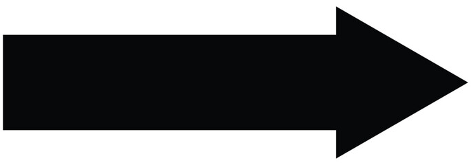 A large black icon with a solid long arrow pointing to the right on a white background. Black arrow pointing right. Horizontal large arrow. Straight long arrow vector icon. 