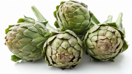 Obraz premium Fresh Green Artichokes Arranged on White Background, Central Focus on Largest Head with Pointed Leaves and Textured Skin.