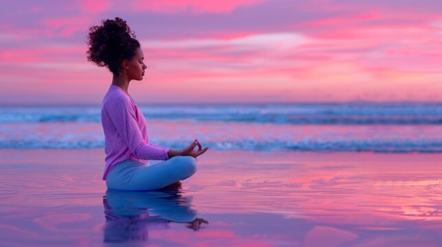 Serene Sunset Meditation: A young woman finds inner peace as she meditates on a tranquil beach at sunset, her reflection mirrored in the calm waters.