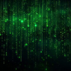 Fototapeta premium Digital Rain: A mesmerizing abstract background of digital rain cascading down, rendered in vibrant green hues. The light reflects off the falling digital droplets, creating a luminous, ethereal glow.