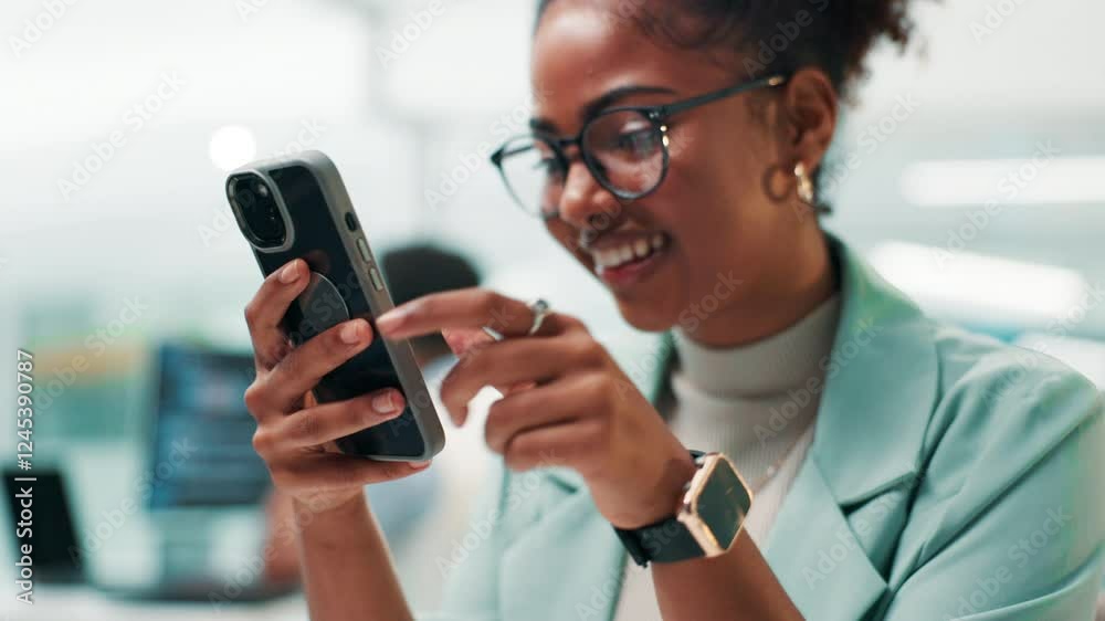 Poster happy woman, web developer or typing with phone for ui, ux or app development at office. female pers