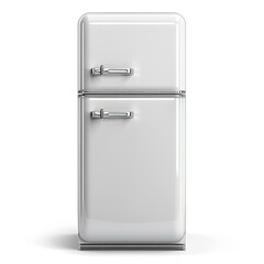 A classic white refrigerator with a retro design, used for food storage and preservation. isolated on white background