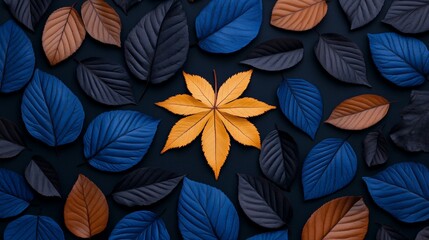 Golden Leaf Amidst Colored Leaves: A stunning close-up showcases a central, vibrant golden leaf surrounded by an array of colored leaves, forming a captivating natural pattern.