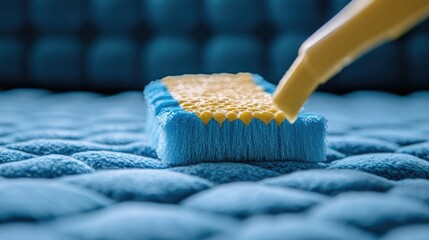 A sponge gently cleaning a stained area of a microfiber sofa with rubbing alcohol applied.
