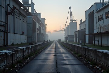 Misty Sunrise Over Industrial Complex Pathway Between Factory Buildings Concrete Walkway