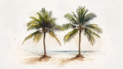 Fototapeta premium Two palm trees on beach, ocean background; tropical vacation poster