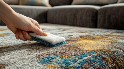 A sponge gently cleaning a stained area of a microfiber sofa with rubbing alcohol applied.