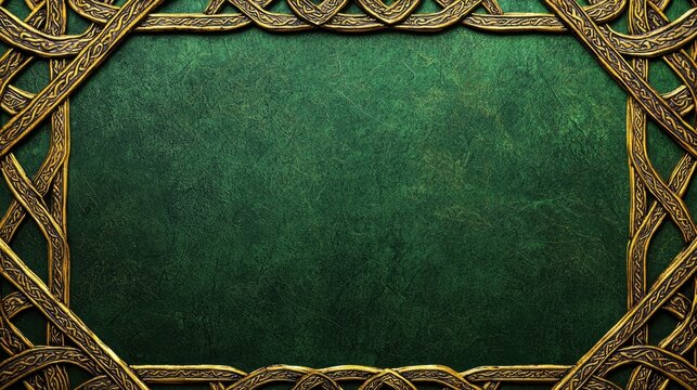 Intricate celtic knot design with gold embellishments on green background