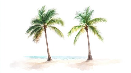 Obraz premium Two palm trees on sandy beach, ocean background, tropical vacation