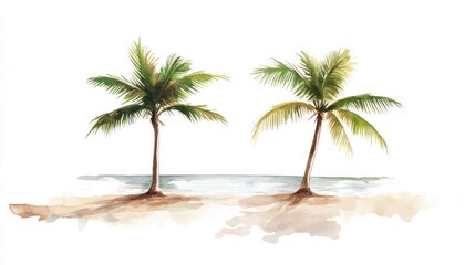Tropical beach scene two palm trees on sandy shore, ocean background; vacation postcard