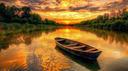 Fototapeta premium Romantic Sunset Boat Ride on River