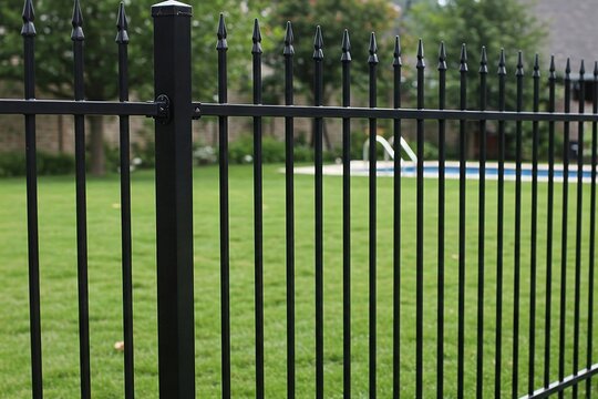 Black wrought iron fence surrounding a lush green lawn, with a glimpse of a swimming pool in the background.
