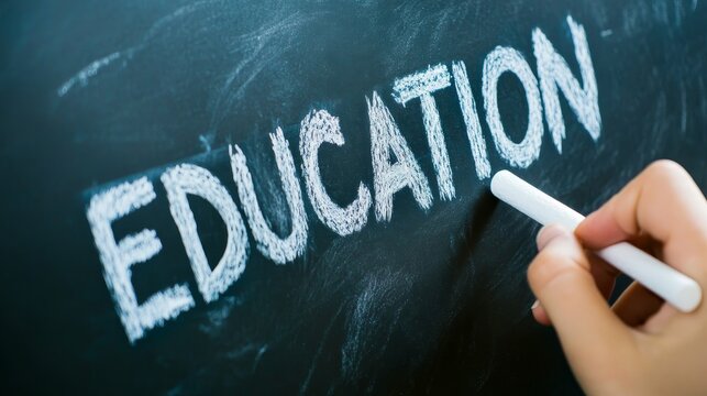 Chalkboard with handwriting of the word education in white chalk