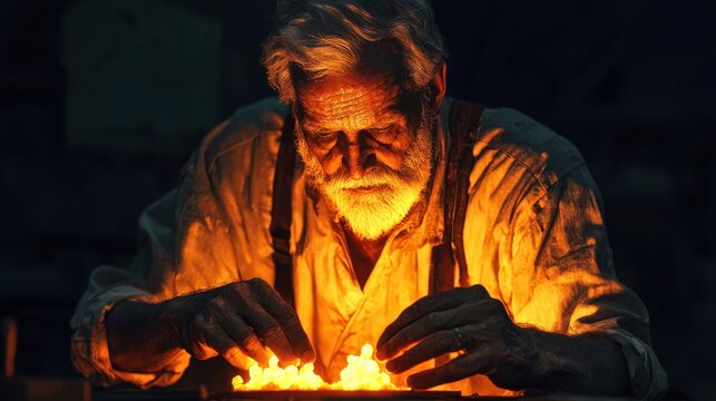 Elderly craftsman working with molten metal in dim workshop light