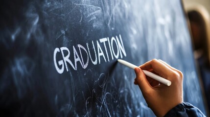 Hand writing graduation on blackboard in classroom setting