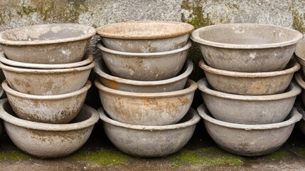 A stack of dirty pot stands, ready to be cleaned with ammonia.