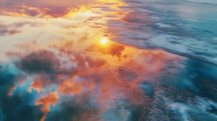 Vibrant sunset sky, vivid clouds blending warm and cool tones, calming atmosphere, perfect for serene backgrounds or meditation.