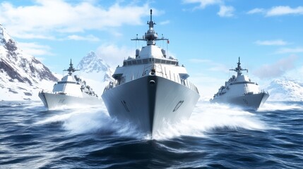 Naklejka premium Naval Warships Navigating Through Icy Waters with Snow-Capped Mountains