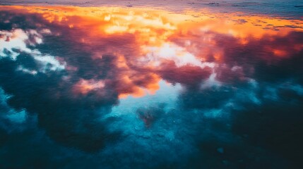 Vibrant sunset over clouds, colorful sky with orange and blue hues, dramatic natural scenery ideal for inspirational text.