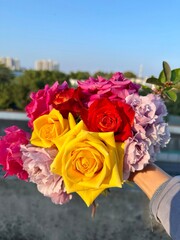 bouquet of roses(pink, red, yellow )in hand