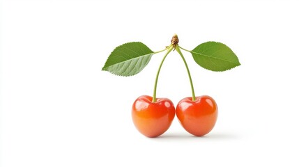 Obraz premium Fresh Red Cherries with Green Leaves on White Background
