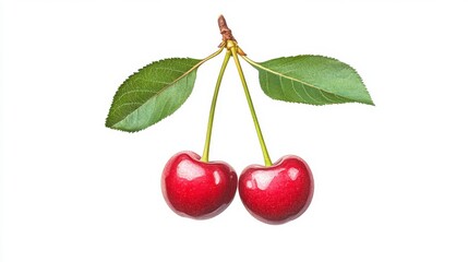 Obraz premium Fresh Red Cherries with Green Leaves on White Background