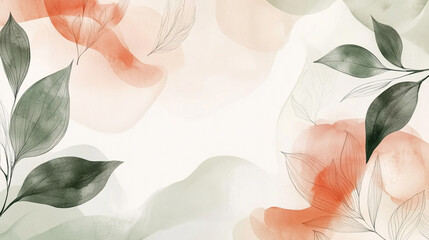 Elegant watercolor floral design with soft pink and peach flowers and abstract line art, Luxury minimal style wallpaper with golden line art flower and botanical leaves. Watercolor background