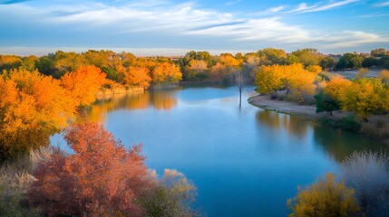 Serene autumn landscape, vibrant trees reflecting on calm water, peaceful nature scene inviting relaxation and contemplation.